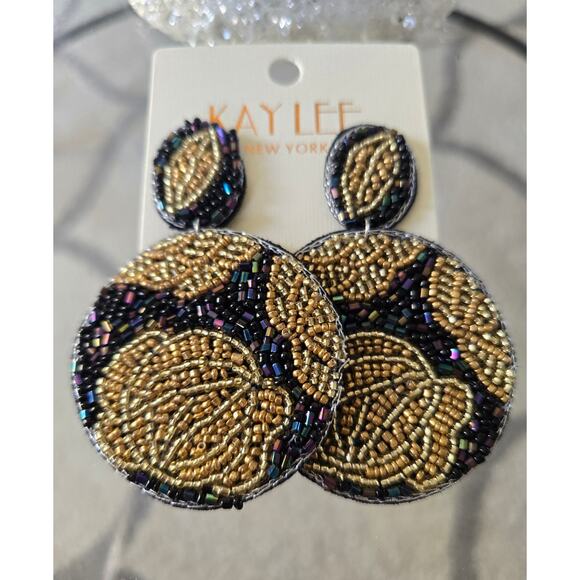 Kay Lee Black Gold Floral Round Beaded Earrings New - Picture 1 of 4